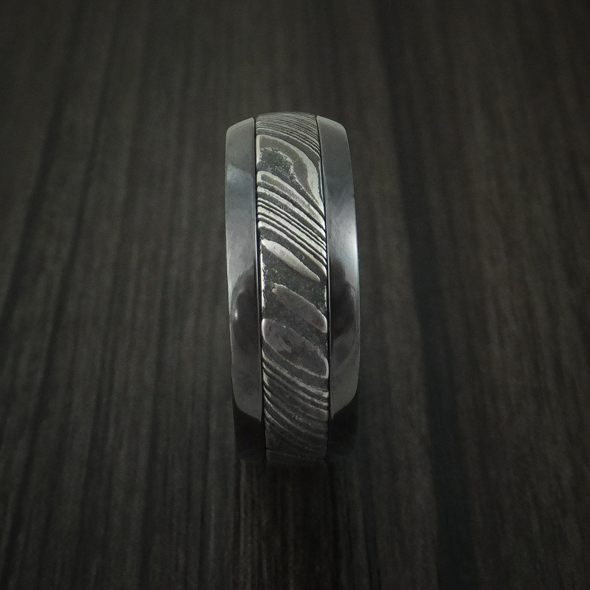 Griffin IX - Black Zirconium and Woodgrain Kuro Damascus Steel Band with Anodized Interior Men's Wedding Ring - view 3 - Nura Lab