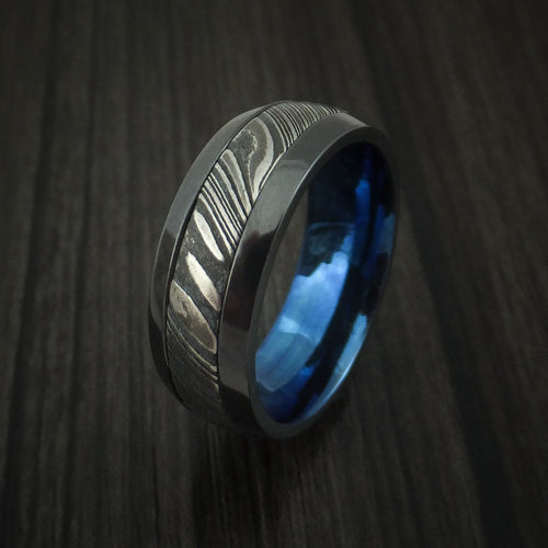 Griffin IX - Black Zirconium and Woodgrain Kuro Damascus Steel Band with Anodized Interior Men's Wedding Ring - view 4 - Nura Lab