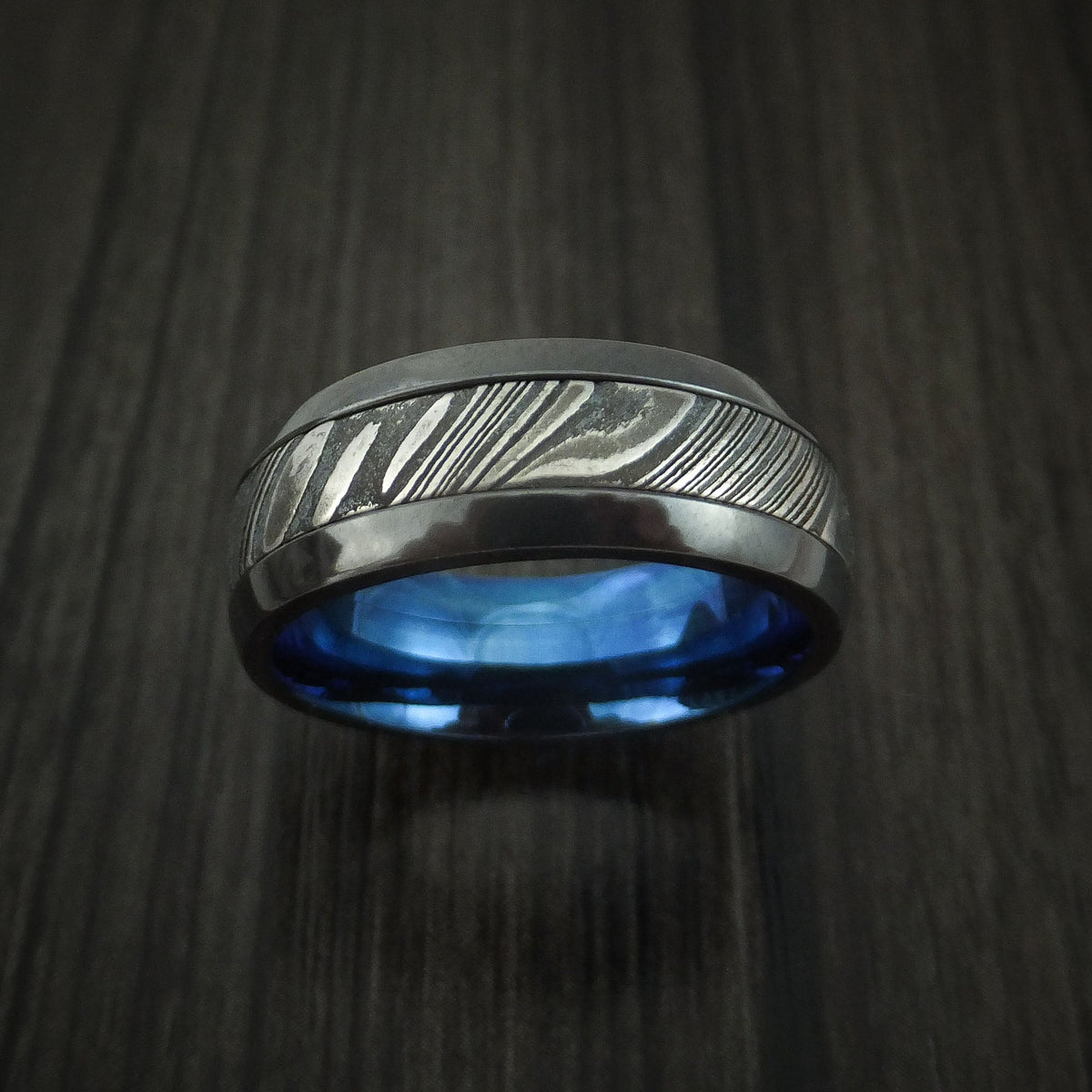 Griffin IX - Black Zirconium and Woodgrain Kuro Damascus Steel Band with Anodized Interior Men's Wedding Ring - view 2 - Nura Lab