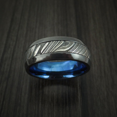 Griffin IX - Black Zirconium and Woodgrain Kuro Damascus Steel Band with Anodized Interior Men's Wedding Ring - view 2 - Nura Lab