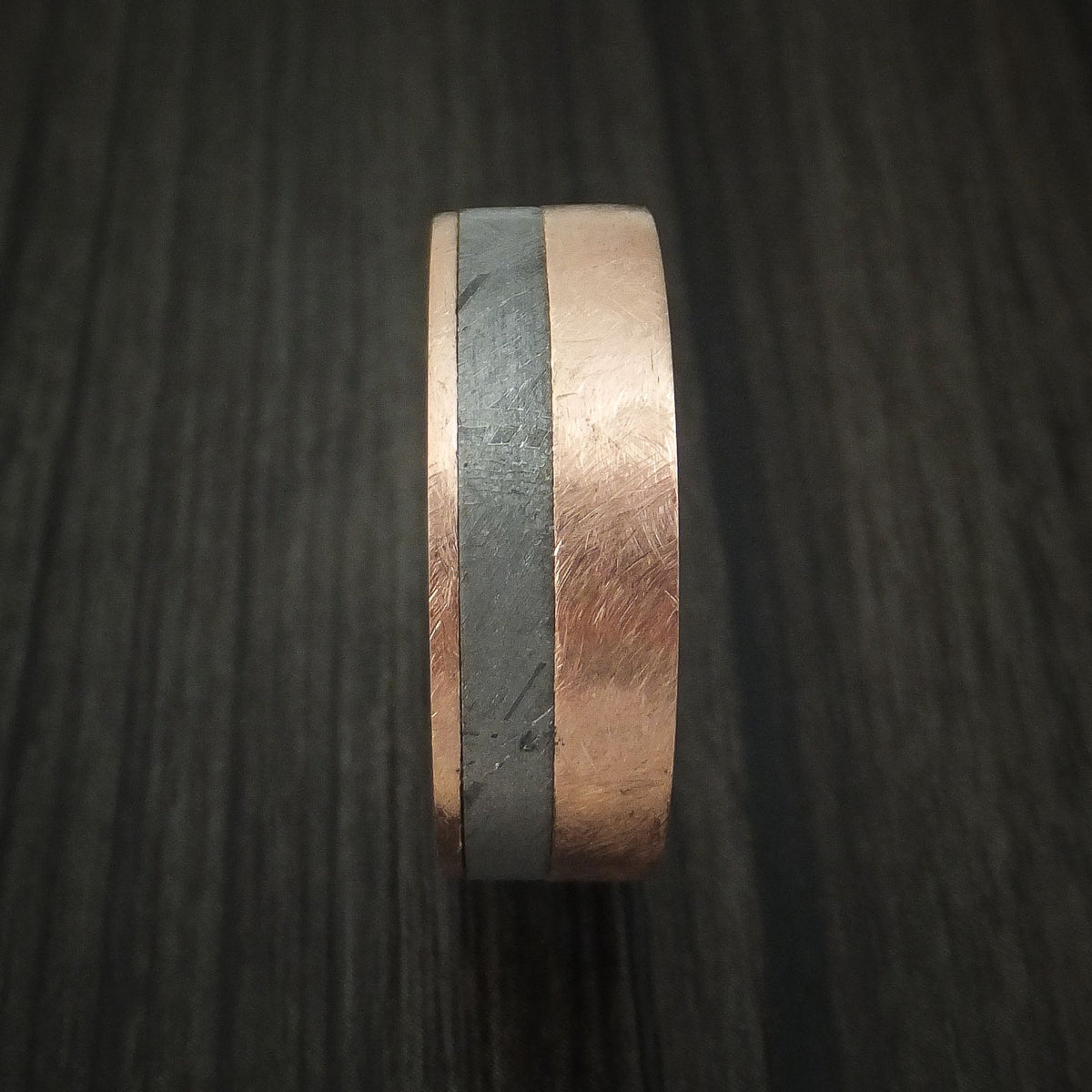 Ridge XIII - Rose Gold and Gibeon Meteorite Men's Wedding Ring with Spalted Tamarind Wood Sleeve - view 3 - Nura Lab