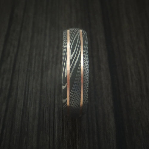 Stonehaven VIII - Damascus Steel and 14K Rose Gold Men's Wedding Ring with Desert Ironwood Burl Sleeve - view 3 - Nura Lab