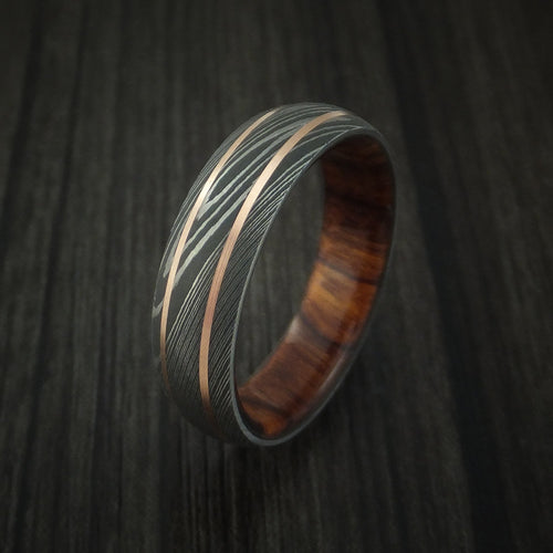Stonehaven VIII - Damascus Steel and 14K Rose Gold Men's Wedding Ring with Desert Ironwood Burl Sleeve - view 4 - Nura Lab