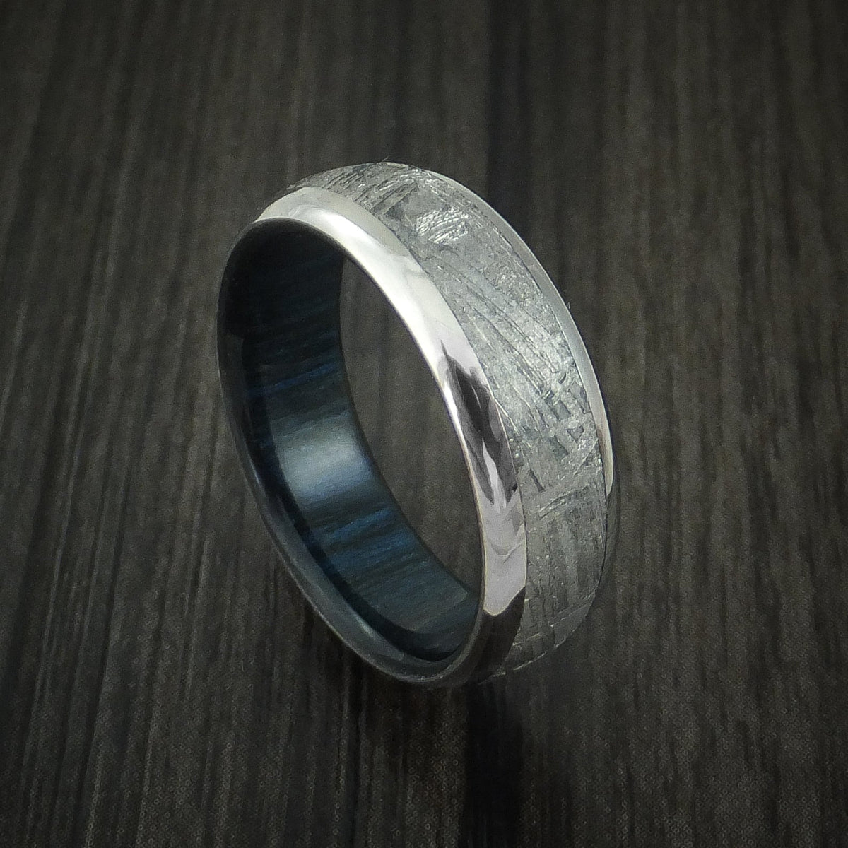 Echelon VII - Titanium and Gibeon Meteorite Men's Wedding Ring with Blueberry Wood Sleeve Men's Band - Nura Lab