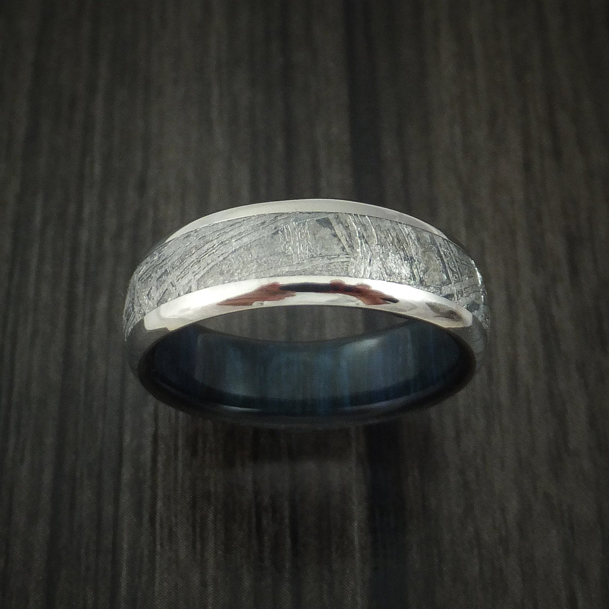Echelon VII - Titanium and Gibeon Meteorite Men's Wedding Ring with Blueberry Wood Sleeve Men's Band - view 2 - Nura Lab