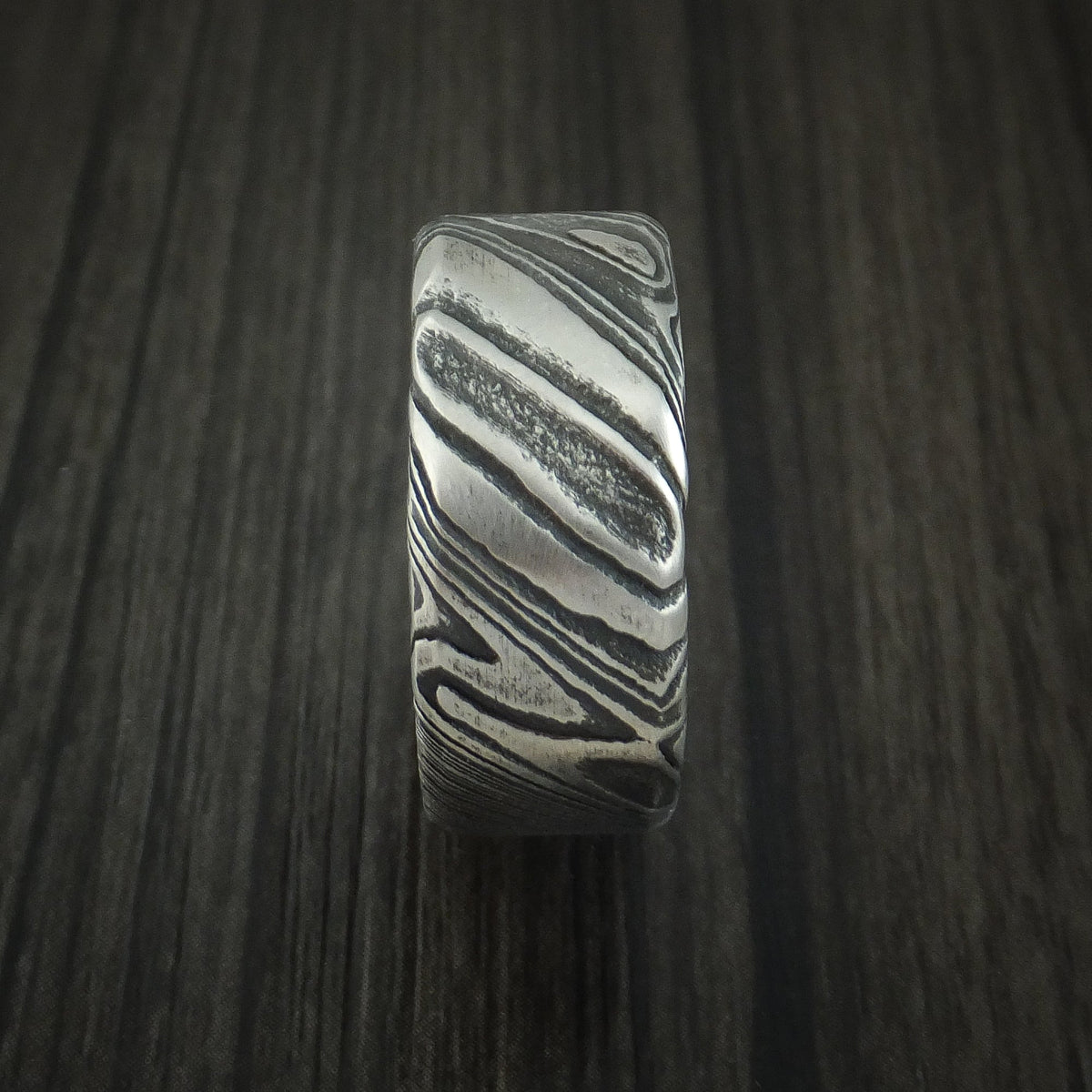 Legacy X - Woodgrain Kuro Damascus Steel Wide Men's Ring Wedding Ring - view 3 - Nura Lab