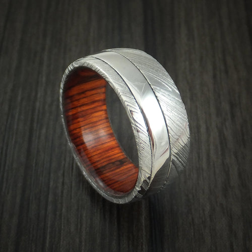 King James XI - Woodgrain Kuro Damascus Steel and Cobalt Chrome Men's Wedding Ring with Cocobolo Sleeve Band - Nura Lab