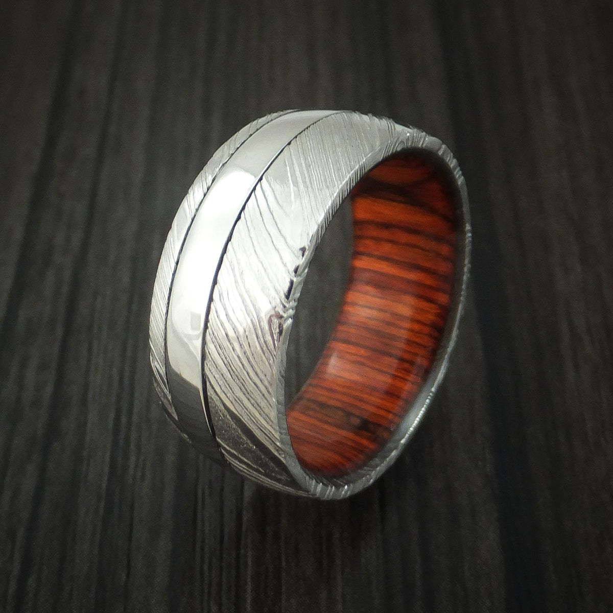 King James XI - Woodgrain Kuro Damascus Steel and Cobalt Chrome Men's Wedding Ring with Cocobolo Sleeve Band - view 3 - Nura Lab