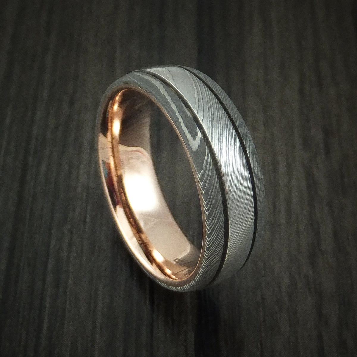 Dusk XI - Damascus Steel Men's Wedding Ring with 14k Rose Gold Sleeve Band - Nura Lab