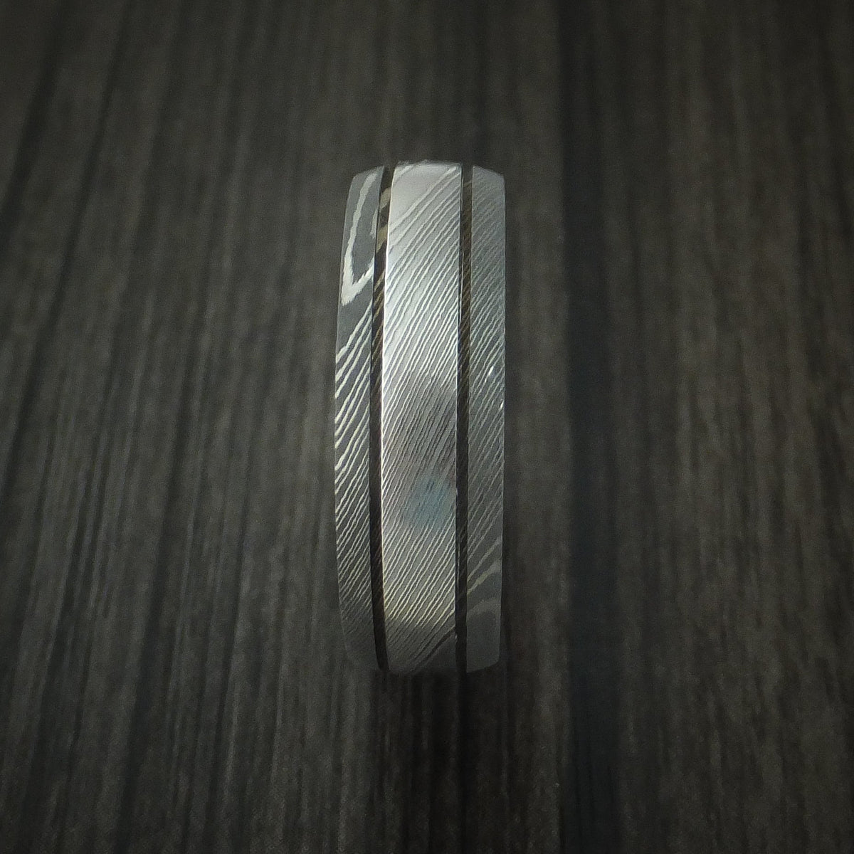 Dusk XI - Damascus Steel Men's Wedding Ring with 14k Rose Gold Sleeve Band - view 3 - Nura Lab