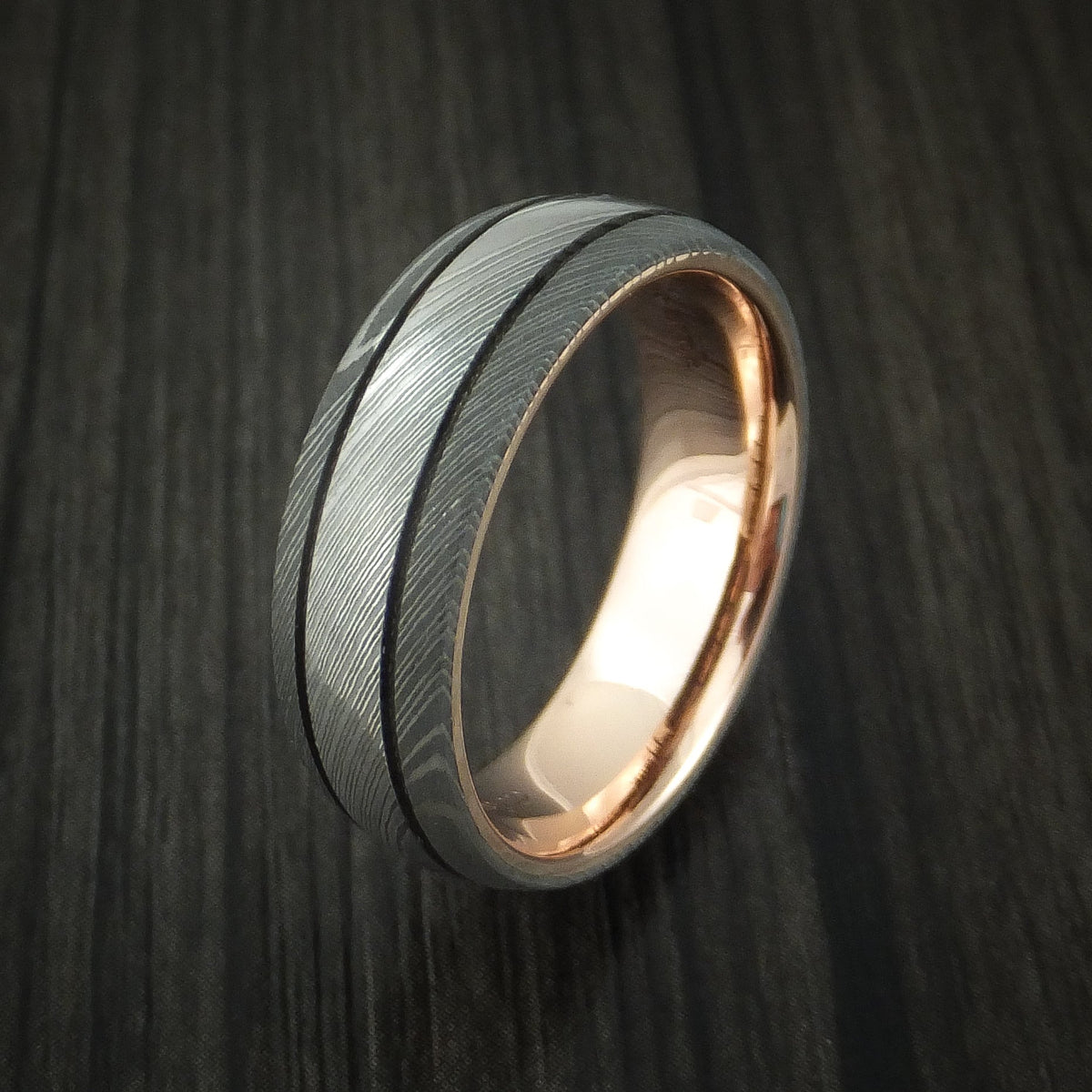 Dusk XI - Damascus Steel Men's Wedding Ring with 14k Rose Gold Sleeve Band - view 4 - Nura Lab