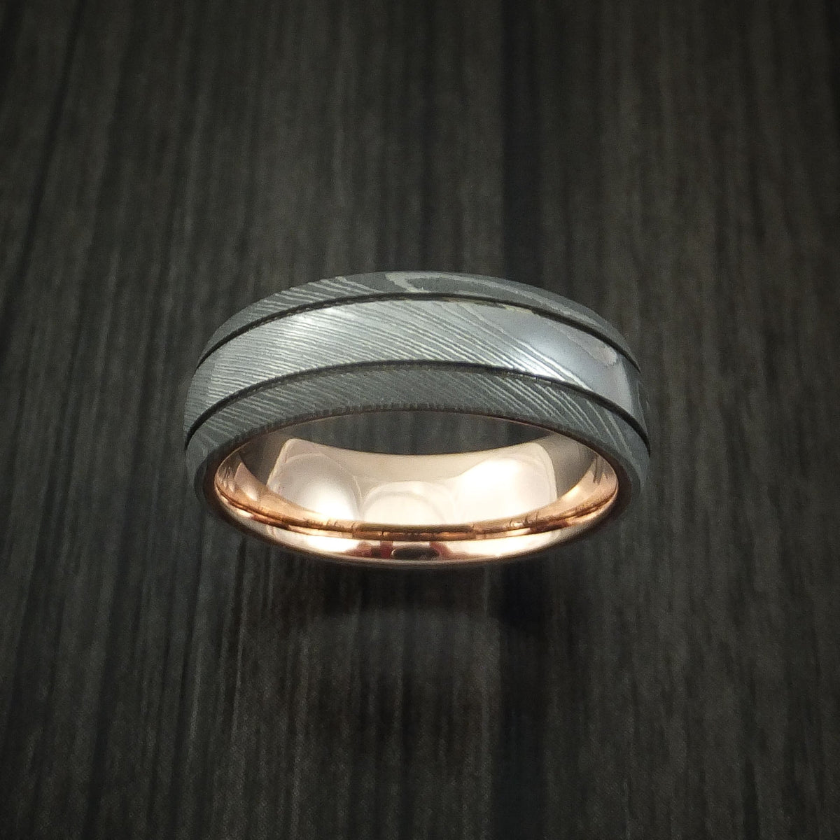 Dusk XI - Damascus Steel Men's Wedding Ring with 14k Rose Gold Sleeve Band - view 2 - Nura Lab