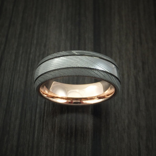 Dusk XI - Damascus Steel Men's Wedding Ring with 14k Rose Gold Sleeve Band - view 2 - Nura Lab