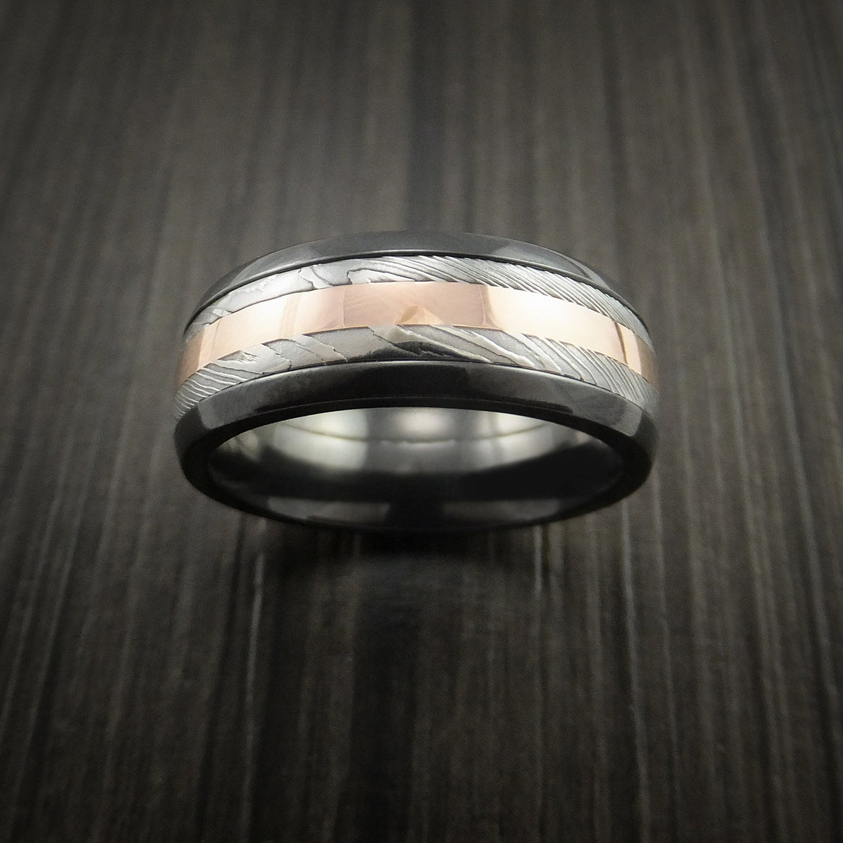 Albatross IX - Black Zirconium and Damascus Steel Band 14K Rose Gold Center Men's Wedding Ring - view 2 - Nura Lab