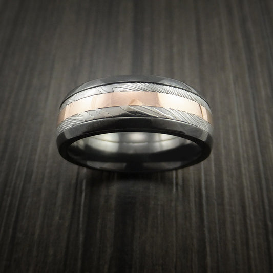 Albatross IX - Black Zirconium and Damascus Steel Band 14K Rose Gold Center Men's Wedding Ring - view 2 - Nura Lab