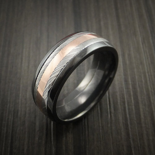 Albatross IX - Black Zirconium and Damascus Steel Band 14K Rose Gold Center Men's Wedding Ring - view 4 - Nura Lab