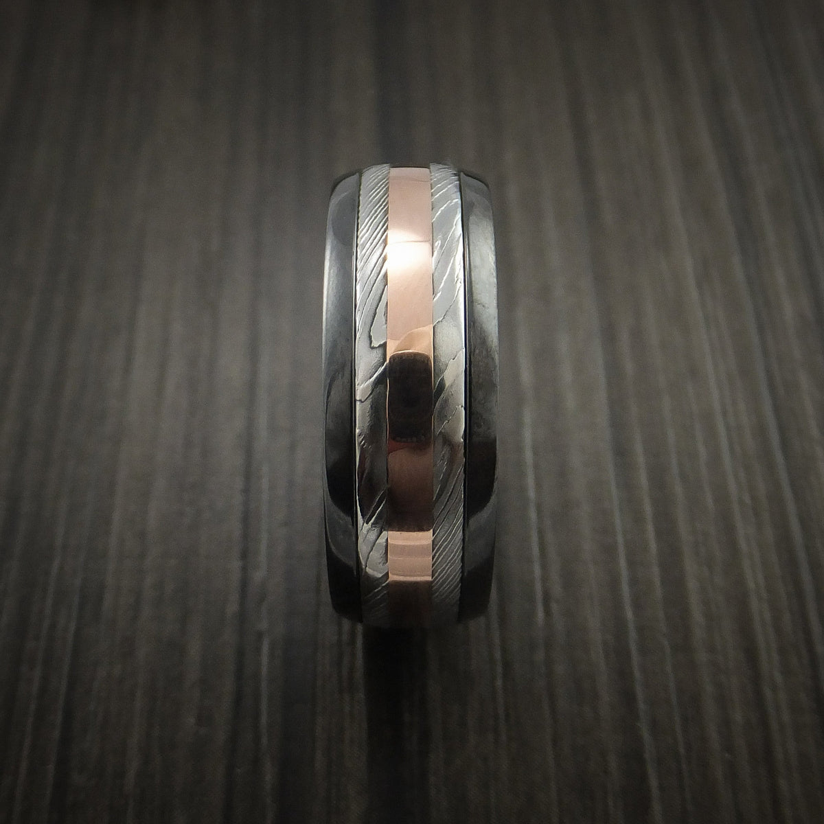 Albatross IX - Black Zirconium and Damascus Steel Band 14K Rose Gold Center Men's Wedding Ring - view 3 - Nura Lab