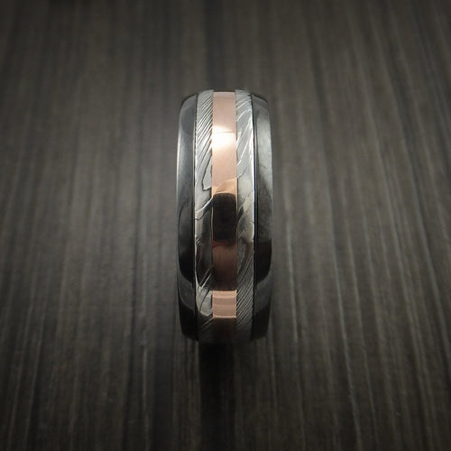 Albatross IX - Black Zirconium and Damascus Steel Band 14K Rose Gold Center Men's Wedding Ring - view 3 - Nura Lab