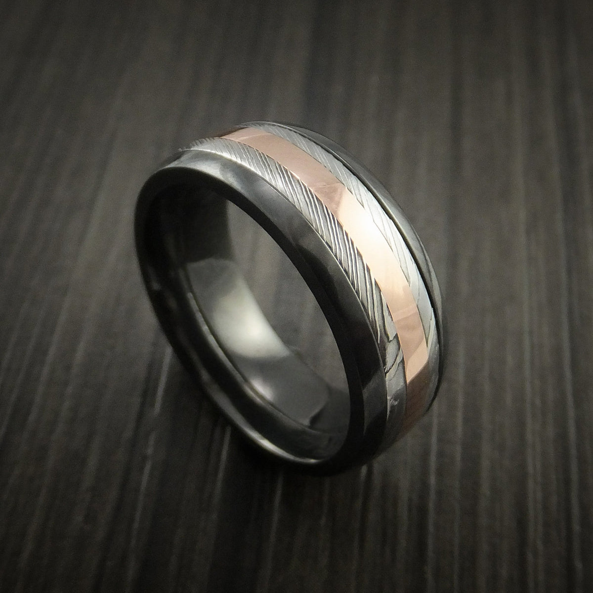 Albatross IX - Black Zirconium and Damascus Steel Band 14K Rose Gold Center Men's Wedding Ring - Nura Lab