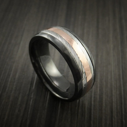 Albatross IX - Black Zirconium and Damascus Steel Band 14K Rose Gold Center Men's Wedding Ring - Nura Lab