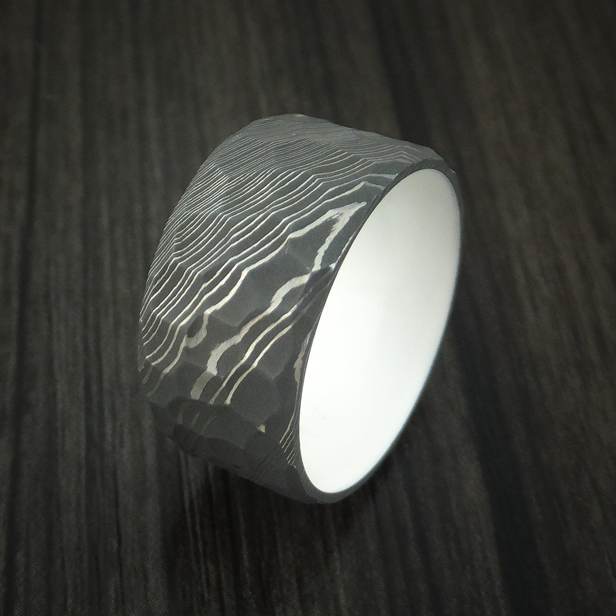 Stronghold X - Rock Hammer Damascus Steel Wide Men's Wedding Ring with Snow White Cerakote Sleeve Men's Band - view 4 - Nura Lab