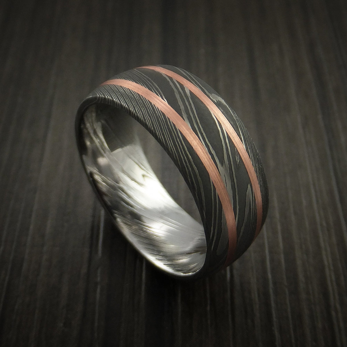 Kingsguard VIII - Damascus Steel Men's Wedding Ring with Copper Inlays Band - Nura Lab