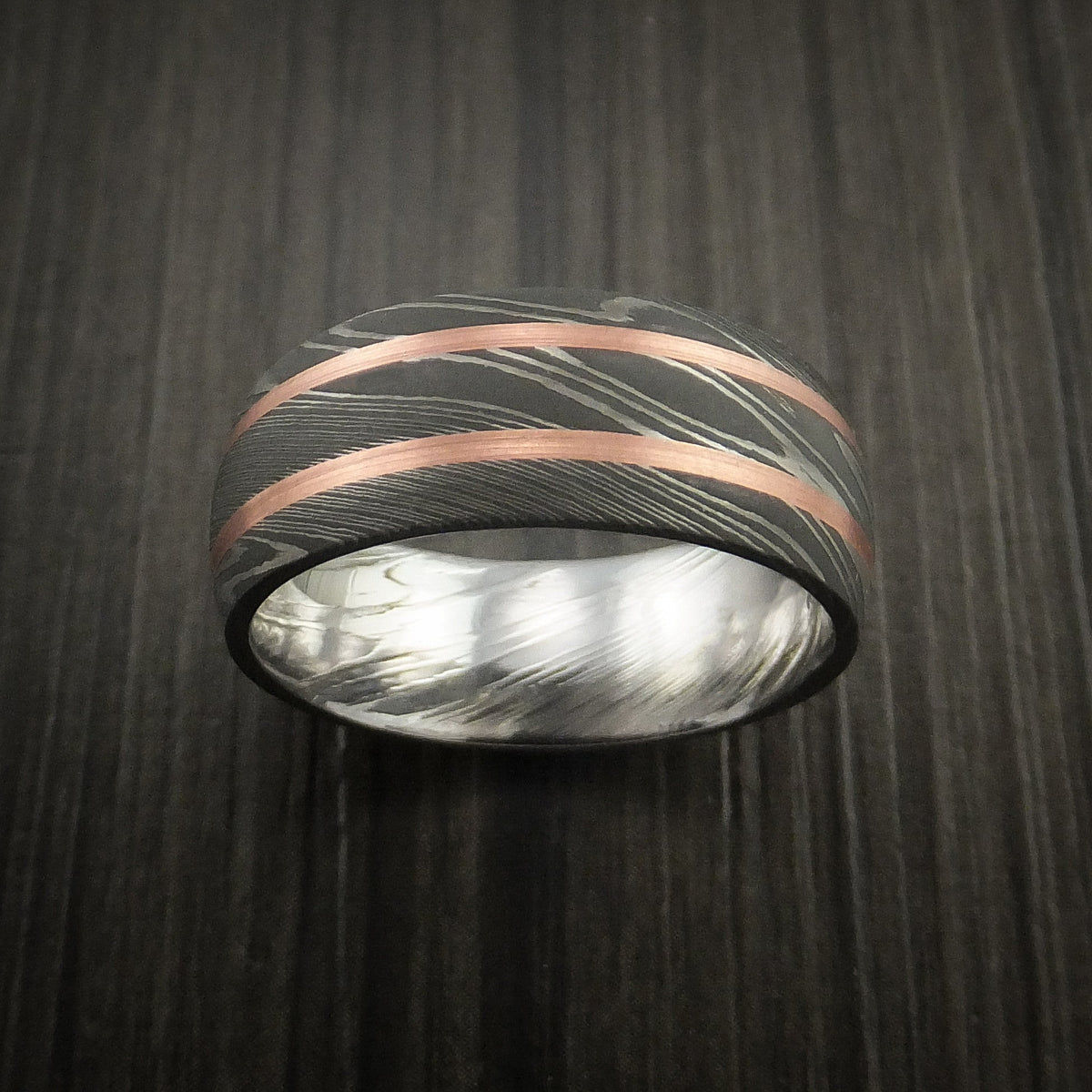 Kingsguard VIII - Damascus Steel Men's Wedding Ring with Copper Inlays Band - view 2 - Nura Lab