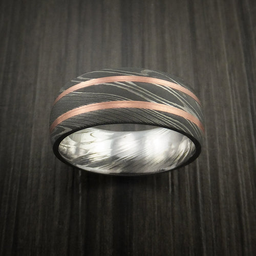 Kingsguard VIII - Damascus Steel Men's Wedding Ring with Copper Inlays Band - view 2 - Nura Lab
