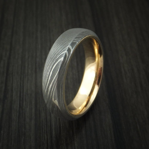 Coal XI - Damascus Steel Men's Wedding Ring with 14k Yellow Gold Sleeve Band - view 3 - Nura Lab