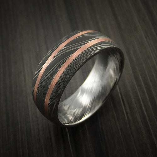 Kingsguard VIII - Damascus Steel Men's Wedding Ring with Copper Inlays Band - view 3 - Nura Lab