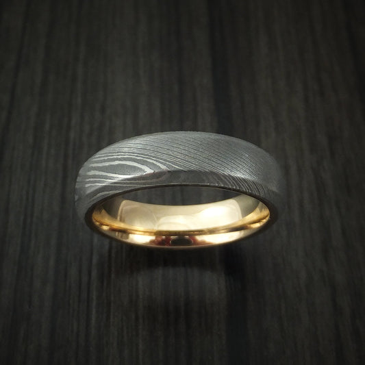 Coal XI - Damascus Steel Men's Wedding Ring with 14k Yellow Gold Sleeve Band - view 2 - Nura Lab