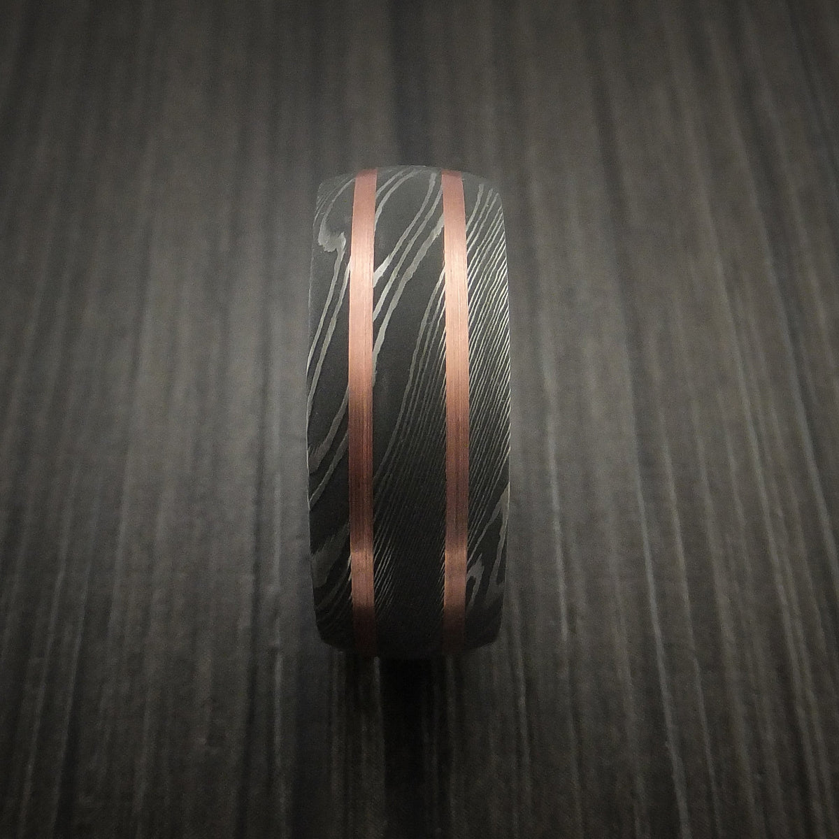 Kingsguard VIII - Damascus Steel Men's Wedding Ring with Copper Inlays Band - view 4 - Nura Lab