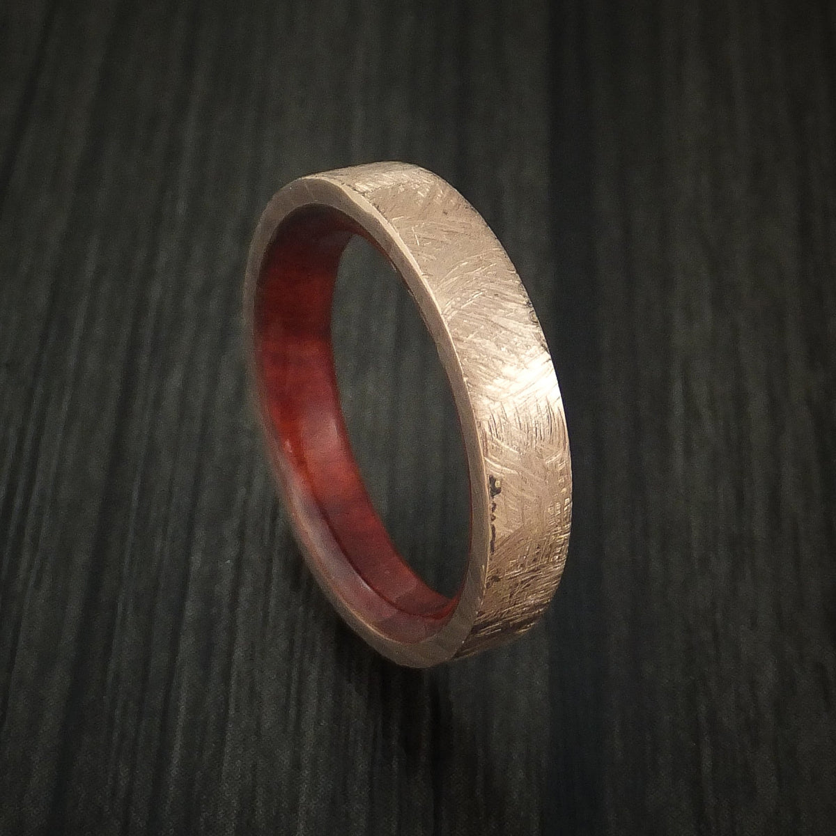 Stonehaven XII - Rose Gold Wedding Ring with Distressed Finish and Red Heart Wood Sleeve - Nura Lab