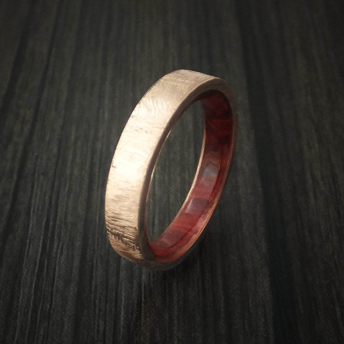 Stonehaven XII - Rose Gold Wedding Ring with Distressed Finish and Red Heart Wood Sleeve - view 4 - Nura Lab