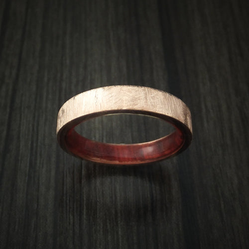 Stonehaven XII - Rose Gold Wedding Ring with Distressed Finish and Red Heart Wood Sleeve - view 2 - Nura Lab