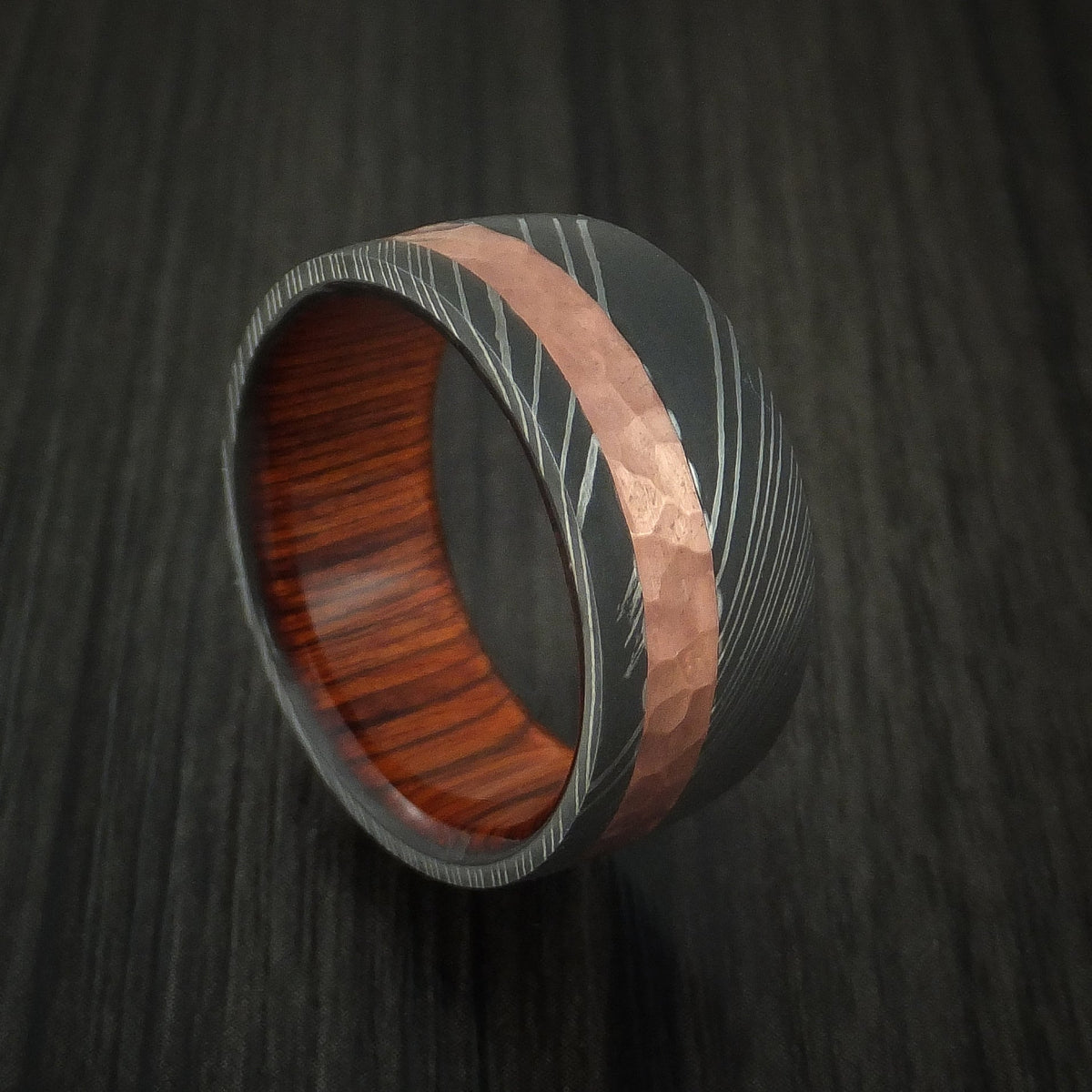 Empire IX - Damascus Steel and Hammered Copper Men's Wedding Ring with Cocobolo Hardwood Sleeve - Nura Lab