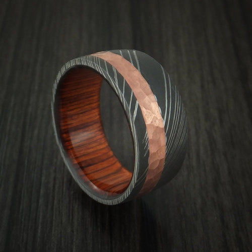 Empire IX - Damascus Steel and Hammered Copper Men's Wedding Ring with Cocobolo Hardwood Sleeve - Nura Lab