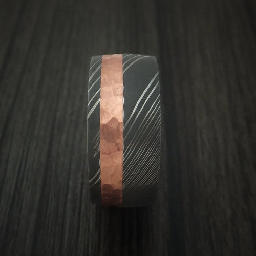 Empire IX - Damascus Steel and Hammered Copper Men's Wedding Ring with Cocobolo Hardwood Sleeve - view 3 - Nura Lab