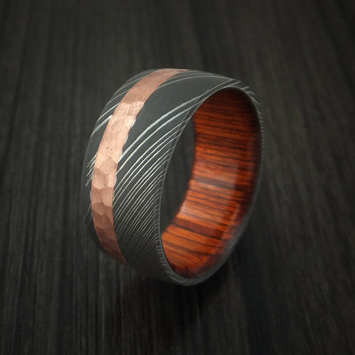 Empire IX - Damascus Steel and Hammered Copper Men's Wedding Ring with Cocobolo Hardwood Sleeve - view 4 - Nura Lab