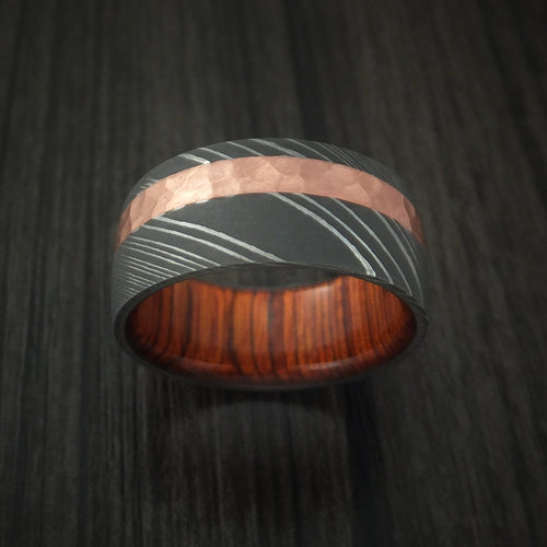 Empire IX - Damascus Steel and Hammered Copper Men's Wedding Ring with Cocobolo Hardwood Sleeve - view 2 - Nura Lab