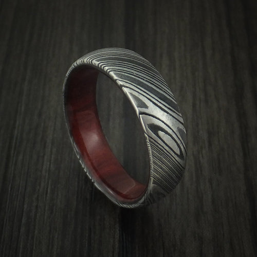 Northwind X - Woodgrain Kuro Damascus Steel Men's Wedding Ring with Red Heart Wood Hardwood Sleeve Wood Band - Nura Lab