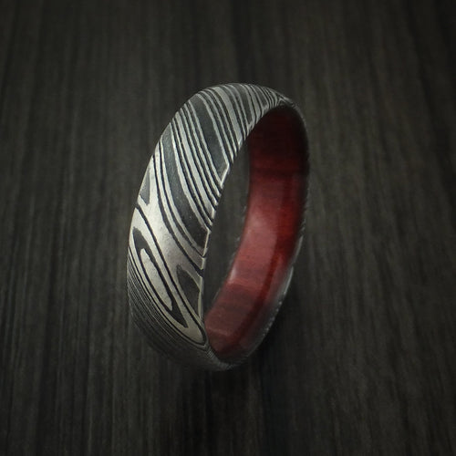Northwind X - Woodgrain Kuro Damascus Steel Men's Wedding Ring with Red Heart Wood Hardwood Sleeve Wood Band - view 4 - Nura Lab