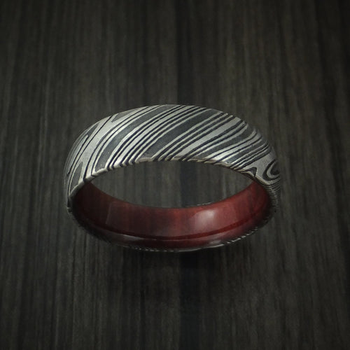 Northwind X - Woodgrain Kuro Damascus Steel Men's Wedding Ring with Red Heart Wood Hardwood Sleeve Wood Band - view 2 - Nura Lab