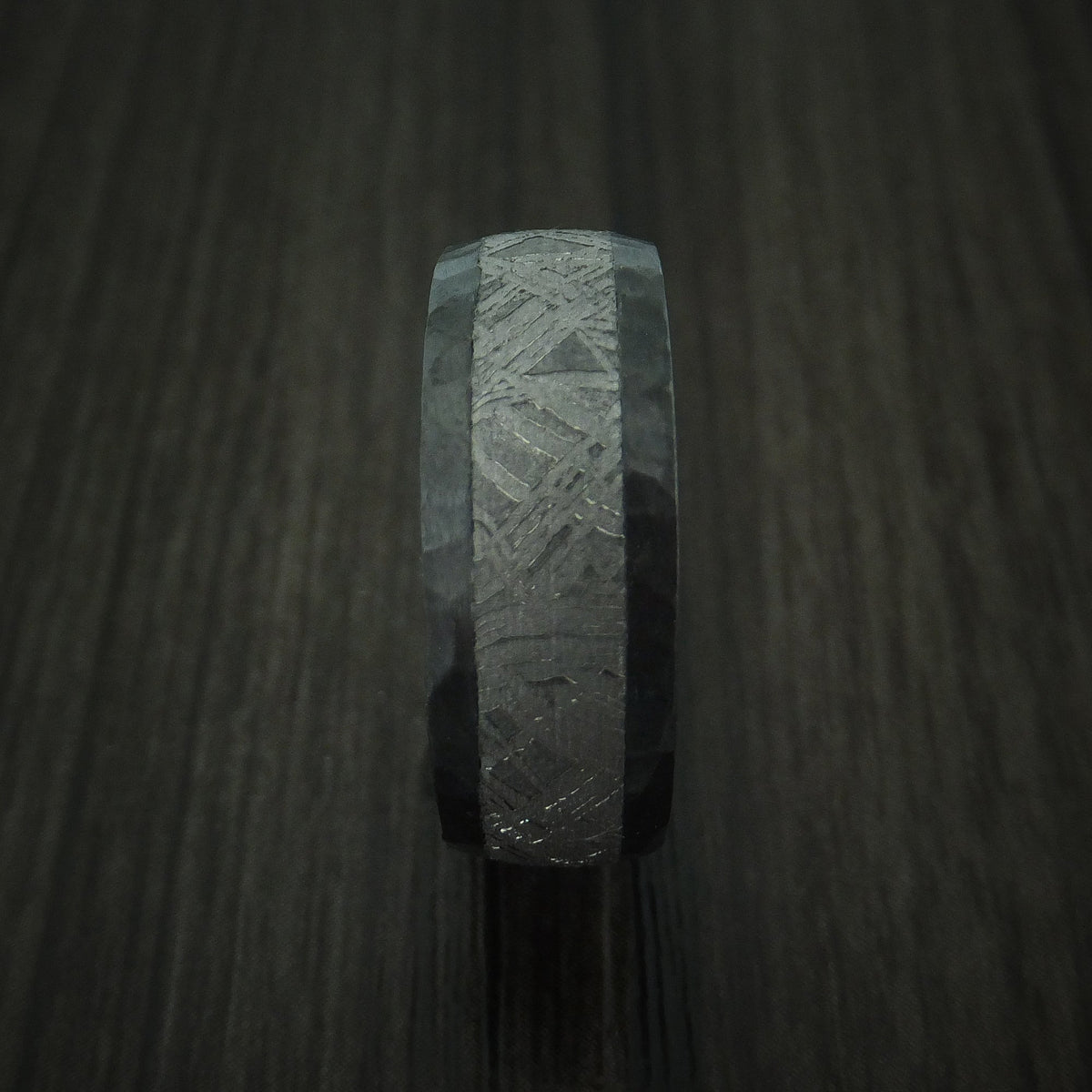 Sovereign XII - Black Zirconium Men's Wedding Ring with Gibeon Meteorite Inlay and Interior Hardwood Sleeve Band - view 3 - Nura Lab