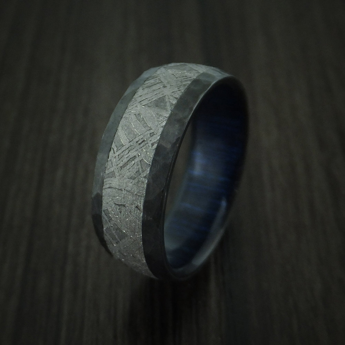 Sovereign XII - Black Zirconium Men's Wedding Ring with Gibeon Meteorite Inlay and Interior Hardwood Sleeve Band - view 4 - Nura Lab