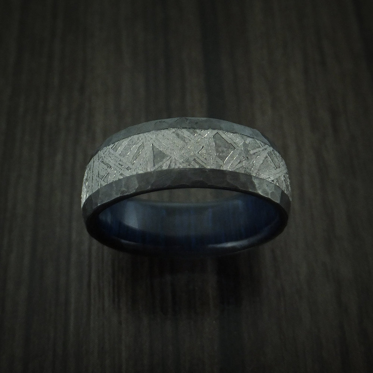 Sovereign XII - Black Zirconium Men's Wedding Ring with Gibeon Meteorite Inlay and Interior Hardwood Sleeve Band - view 2 - Nura Lab