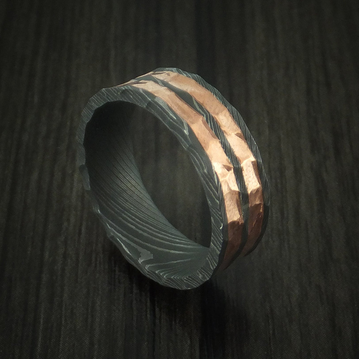 Crown XI - Damascus Steel and Copper Rock Hammer Men's Wedding Ring - Nura Lab