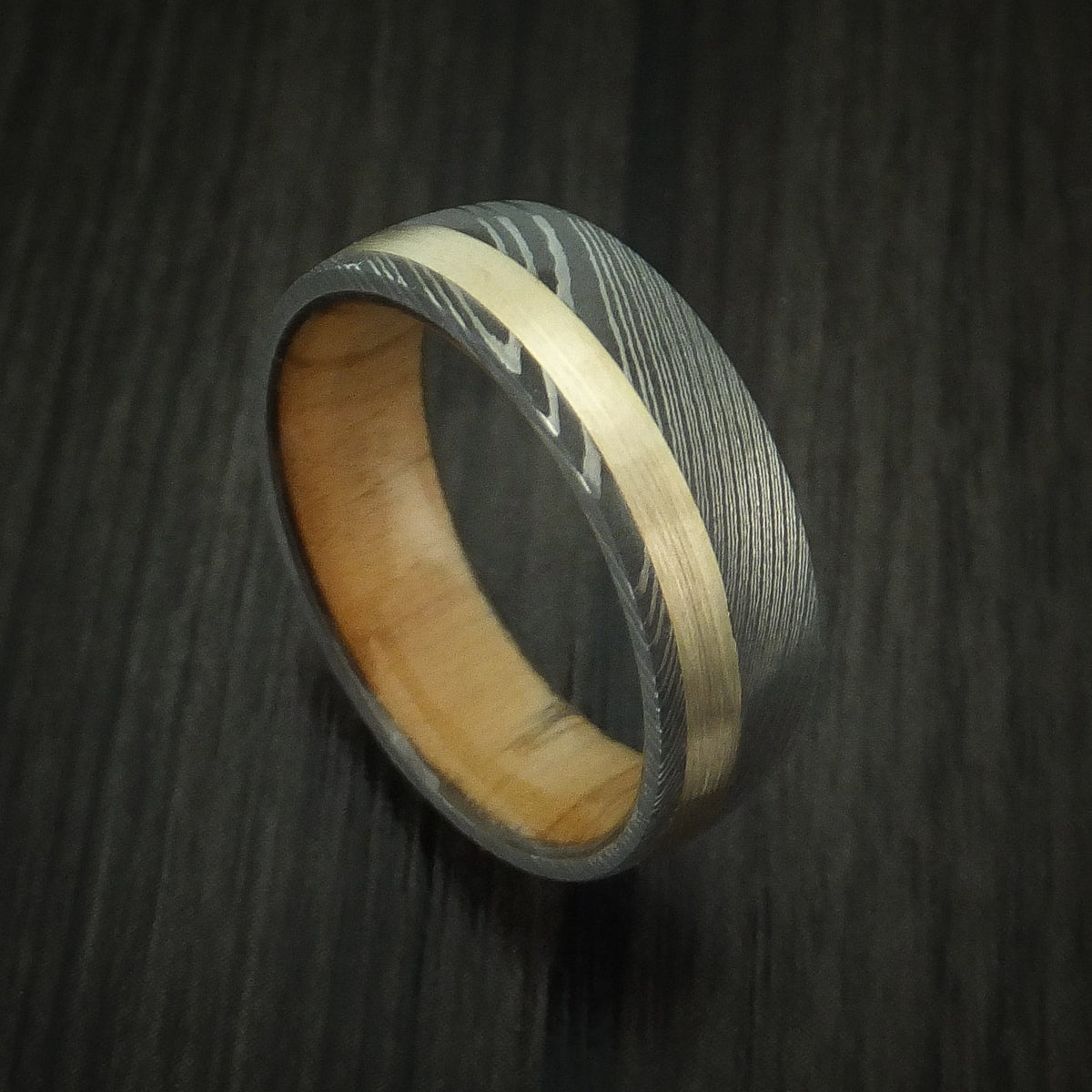 Monarch XI - Damascus Steel Men's Wedding Ring with 14k Yellow Gold and Olive Wood Sleeve - Nura Lab