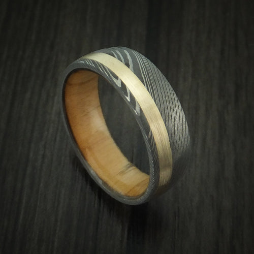 Monarch XI - Damascus Steel Men's Wedding Ring with 14k Yellow Gold and Olive Wood Sleeve - Nura Lab