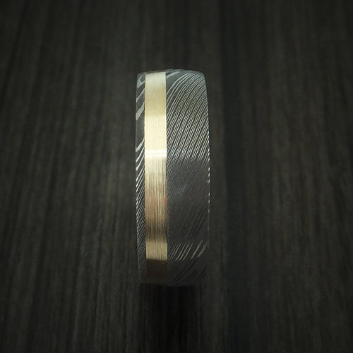 Monarch XI - Damascus Steel Men's Wedding Ring with 14k Yellow Gold and Olive Wood Sleeve - view 3 - Nura Lab